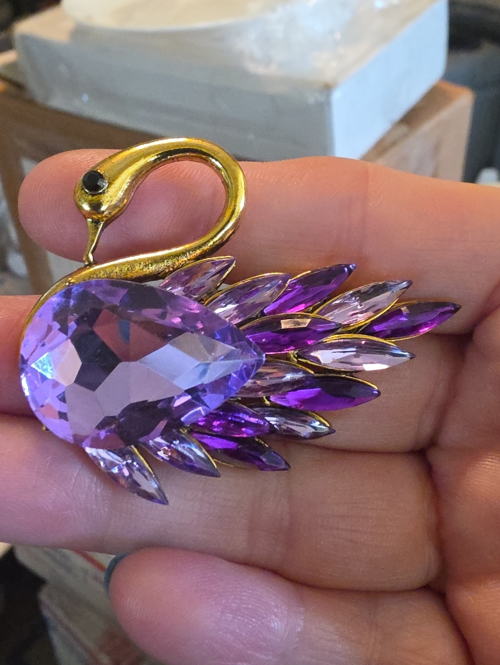 A63- Elegant Purple Crystal Swan Brooch